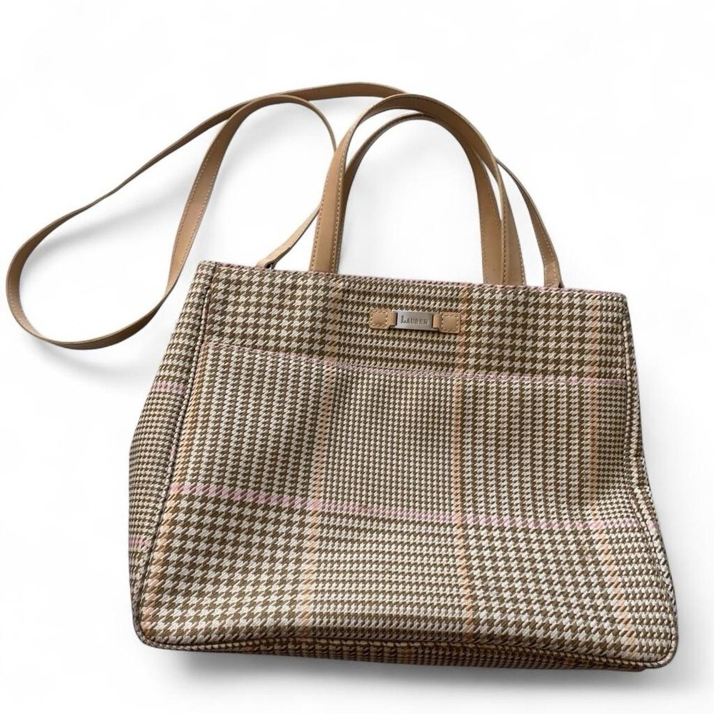 Lauren Ralph Lauren Tan and Pink Houndstooth Pattern Shoulder Bag With Strap